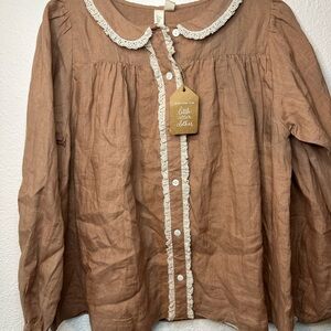 NWT Little Cotton Clothes Brown Long Sleeve Blouse with Lace Trim